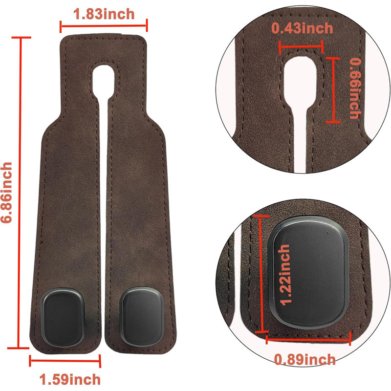 Measurement details of a brown leather strap with metal hooks on a white background