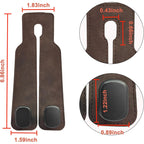 Measurement details of a brown leather strap with metal hooks on a white background