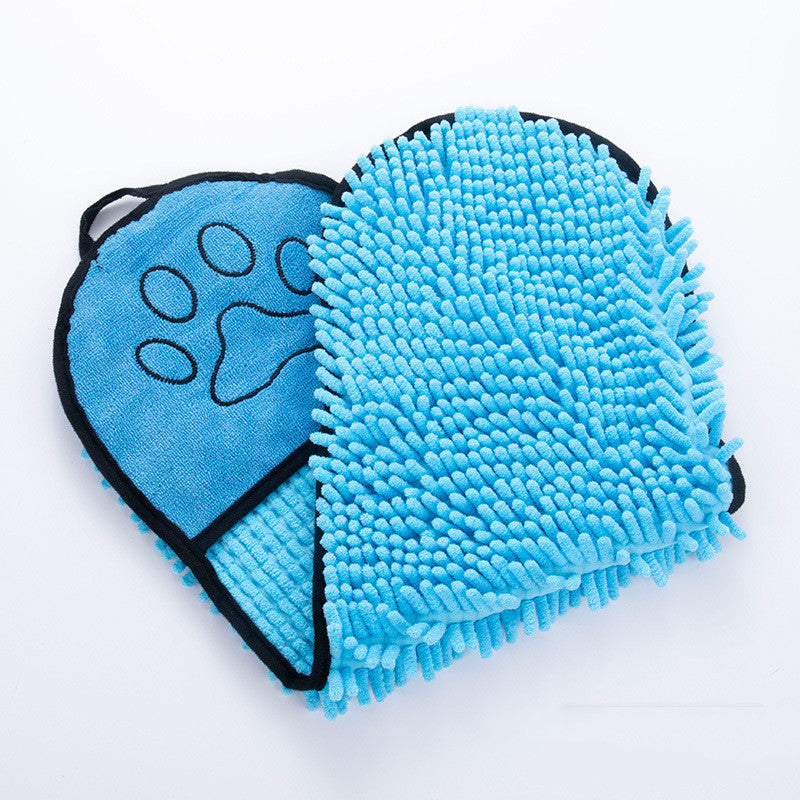 Blue chenille dog bath towel with double pocket quick-dry design

