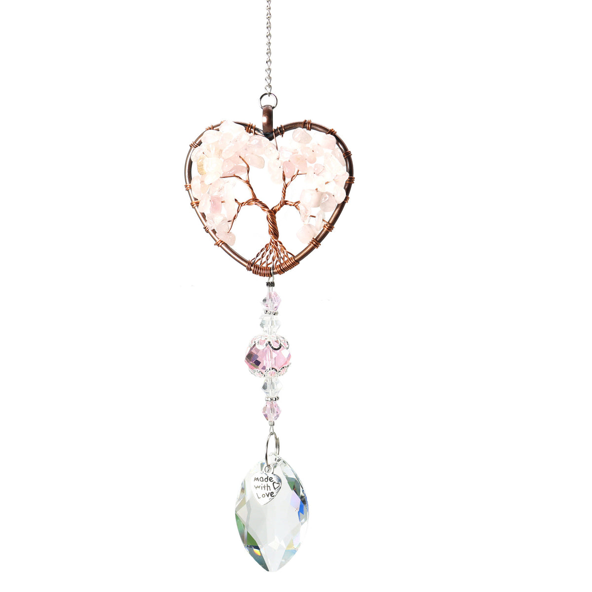 A heart-shaped suncatcher with a rose quartz tree of life design, hanging from a silver chain with pink and clear beads and a teardrop-shaped crystal pendant.