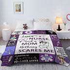 Bedspread with nurse-themed design on a bed in a bedroom setting