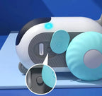 Close-up of a robot toy with blue accents on a blue background