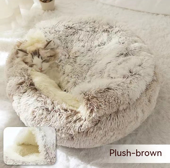 Fluffy pet bed with a cat sleeping on it, labeled 'Plush-brown'.