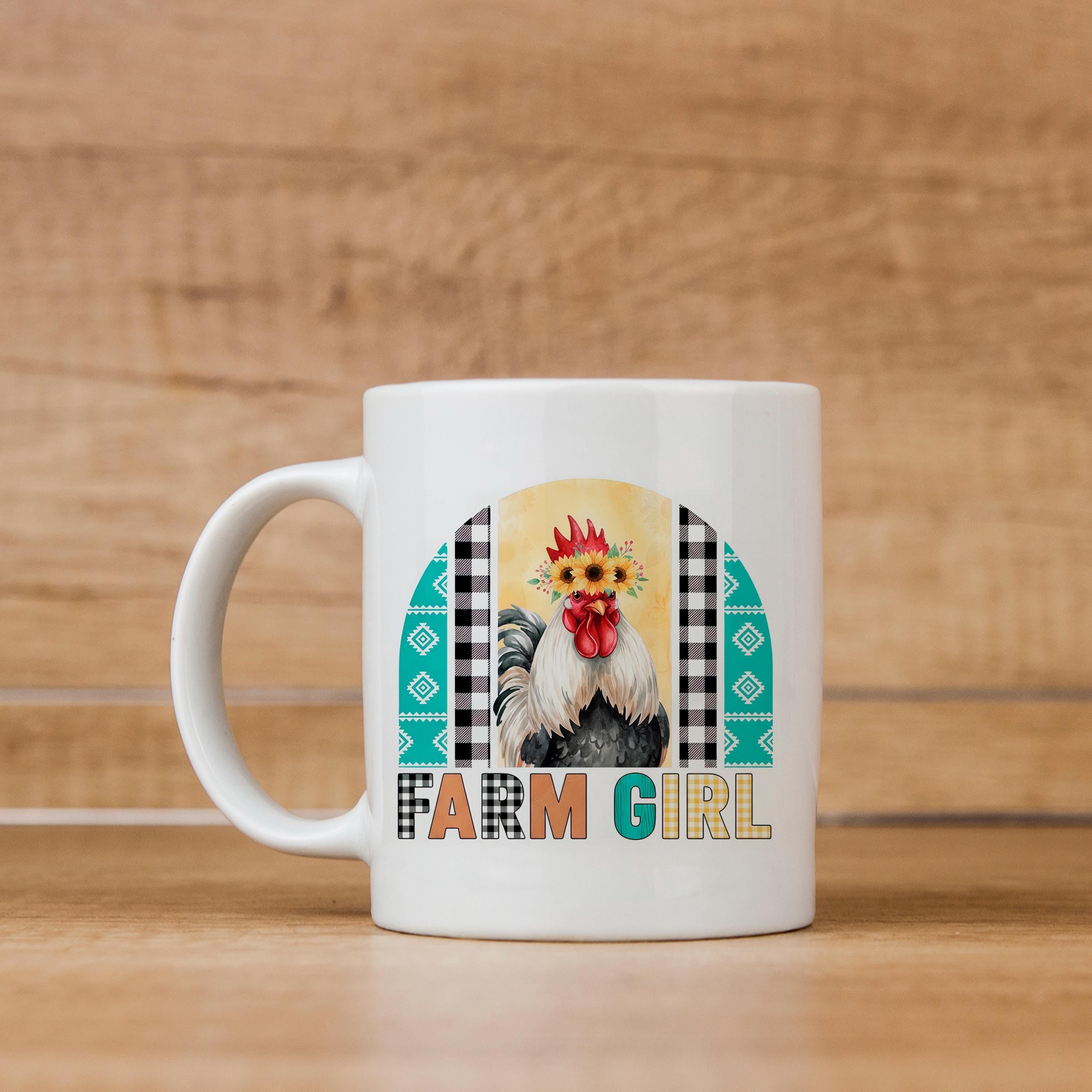 Farm Girl Mug – Rustic Farmhouse Coffee Cup with Sunflower Chicken Art