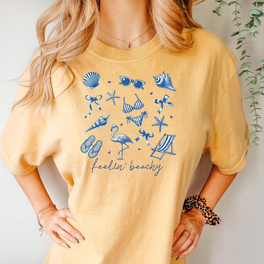 Beach Graphic Tee – Blue Beach Icons, Relaxed Unisex Fit Summer Shirt