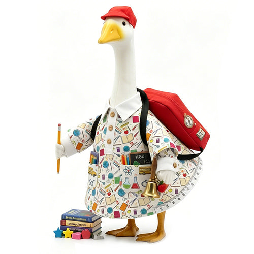 A white goose figurine dressed as a science teacher, wearing a red cap, a white shirt, a multicolored science-themed dress, a red backpack, and holding a pencil, with small books and colorful stars at its feet, on a white background.