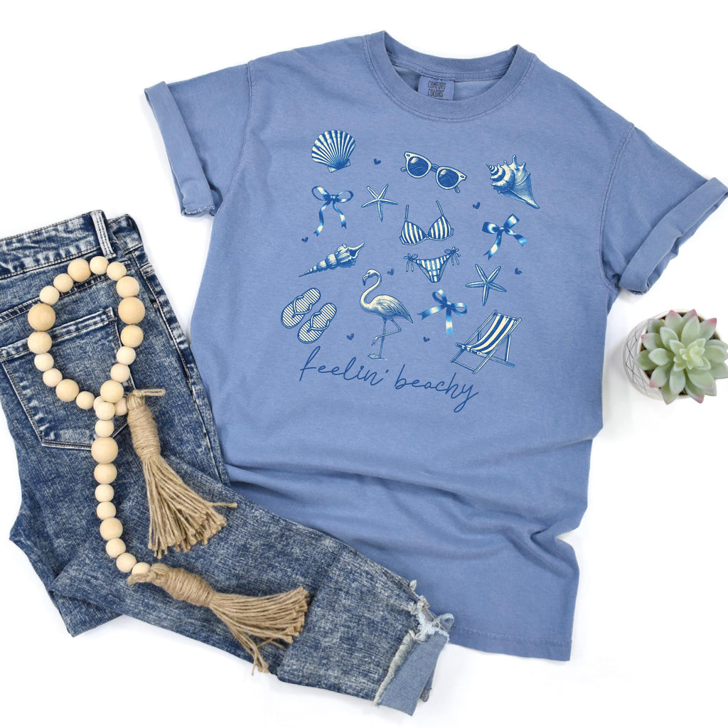 Beach Graphic Tee – Blue Beach Icons, Relaxed Unisex Fit Summer Shirt