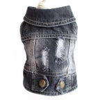 Denim dog vest with distressed details on a white background