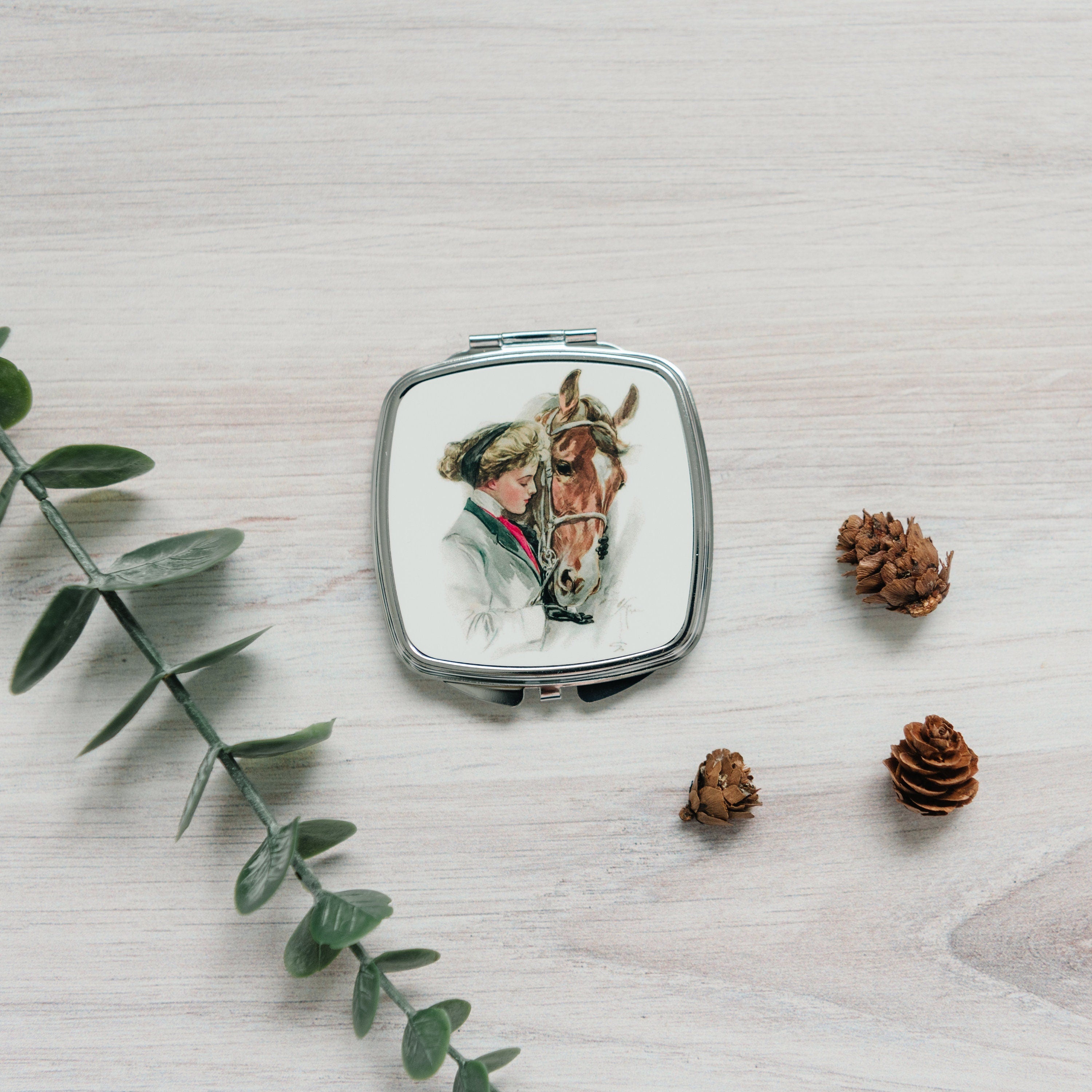 Horse Compact Mirror - Vintage Horse Illustration | Silver Equestrian Gift