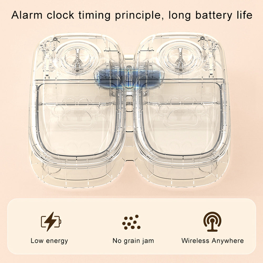 Two clear alarm clock timing devices with text about their features on a pink background.