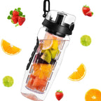 Clear infuser water bottle with fruits and vegetables on a white background