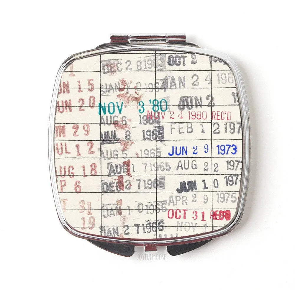 Library Card Compact Mirror - Vintage Purse Makeup Mirror for Book Lovers & Teachers