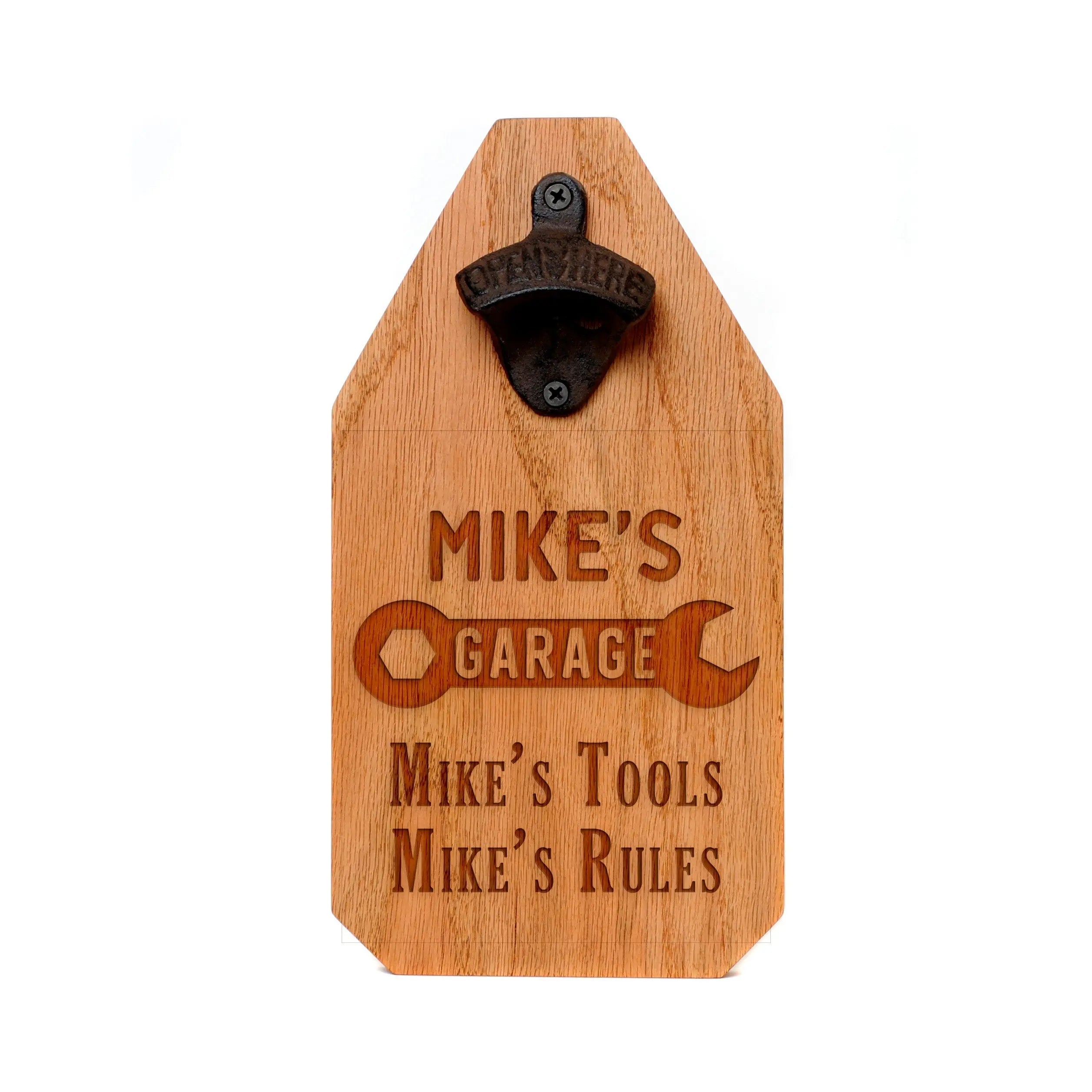 Custom Garage Sign – Personalized Wood Sign with Rustic Bottle Opener & Workshop Wall Art