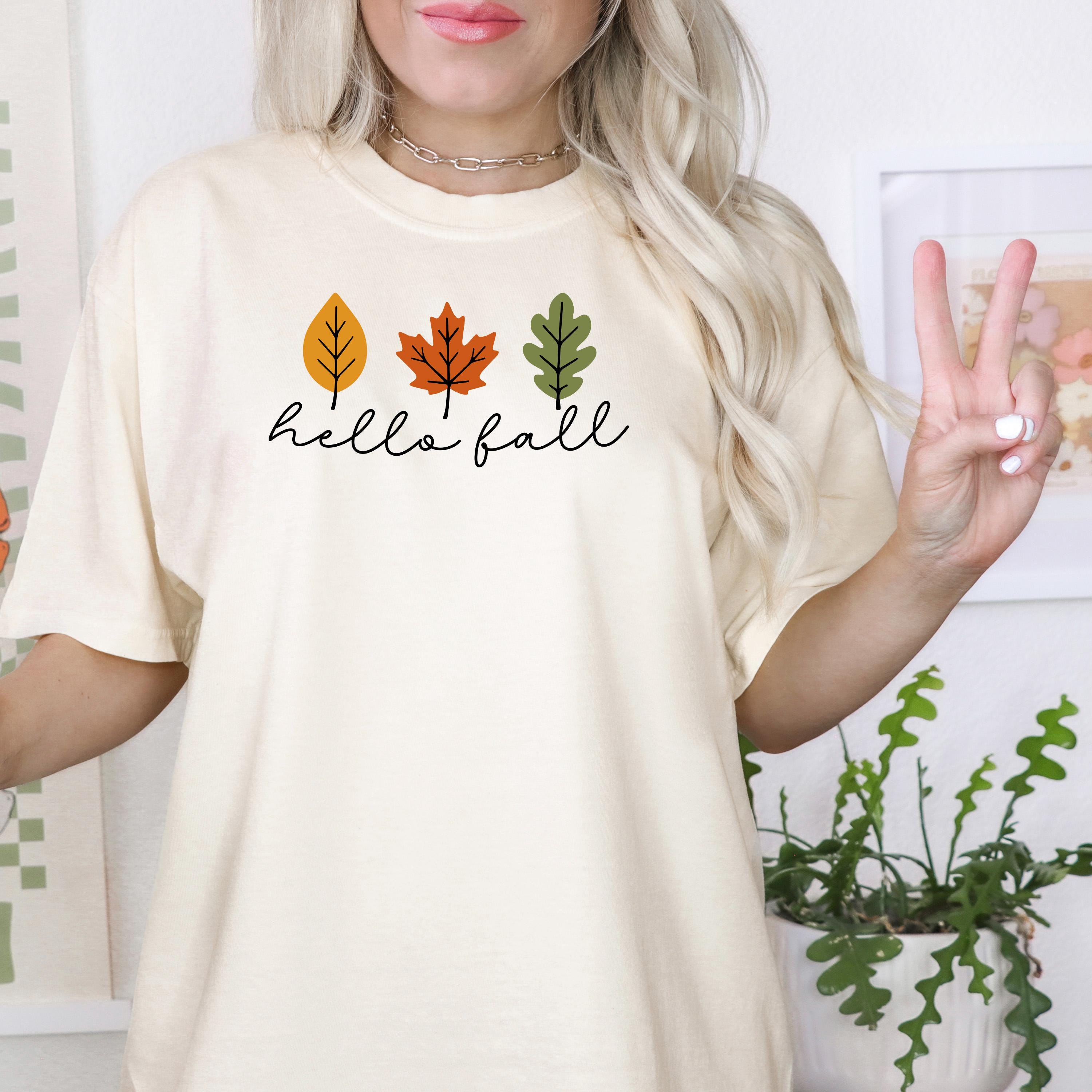 Comfort Colors T-shirt Minimalistic Hello Fall with Leaves Graphic, Vintage Style Cozy Fall Top, Gift for Autumn, Relaxed Fit Casual Tee