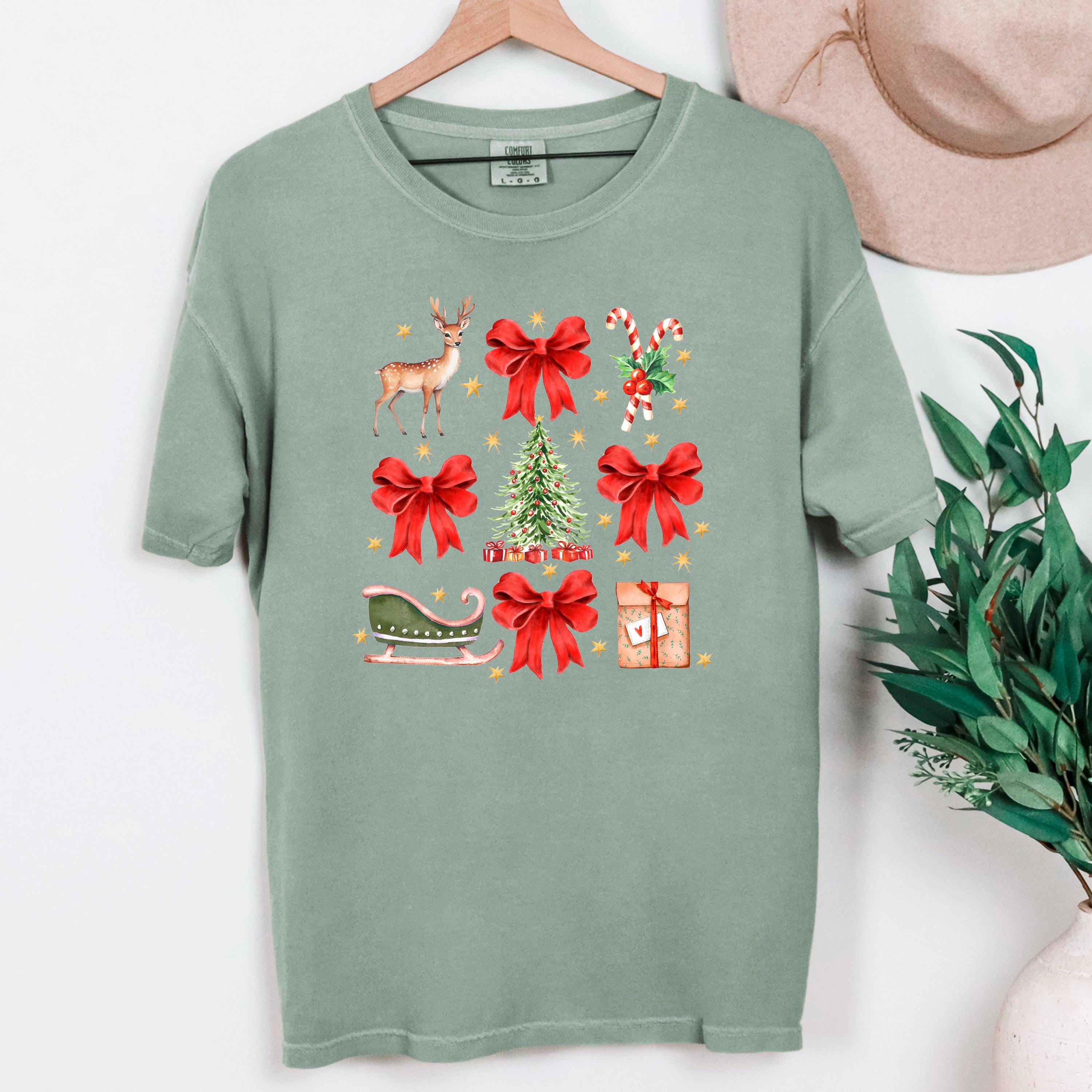 Comfort Colors Christmas T-shirt, Vintage Holiday Graphic Tee, Cozy Festive Reindeer Sleigh Bows Candy Cane Gift Top