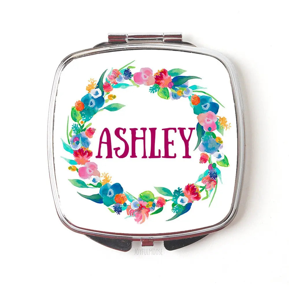 personalized bridesmaid gift, Personalized Floral Watercolor Wreath Compact Purse Mirror, Pocket Mirror for Bridal Party