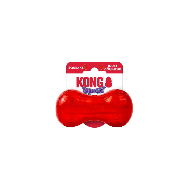 KONG Squeezz Holiday Dumbbell Dog Toy – Squeaker Fetch Toy | Small