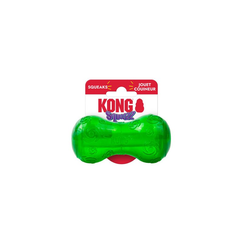 KONG Squeezz Holiday Dumbbell Dog Toy – Squeaker Fetch Toy | Small
