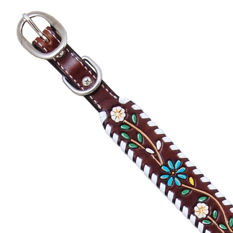 Floral Vine Leather Dog Collar – Hand-Painted with Whipstitch | Rafter T